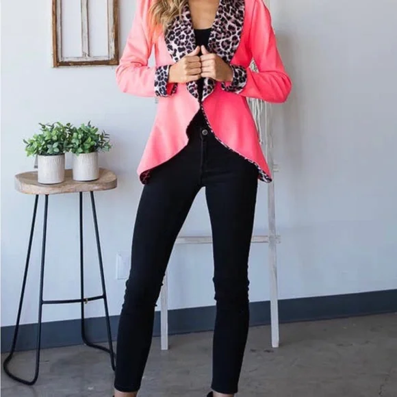 1X-3X Elle Pink Leopard Print Open Shawl Blazer-Host Pick - Picture 7 of 12